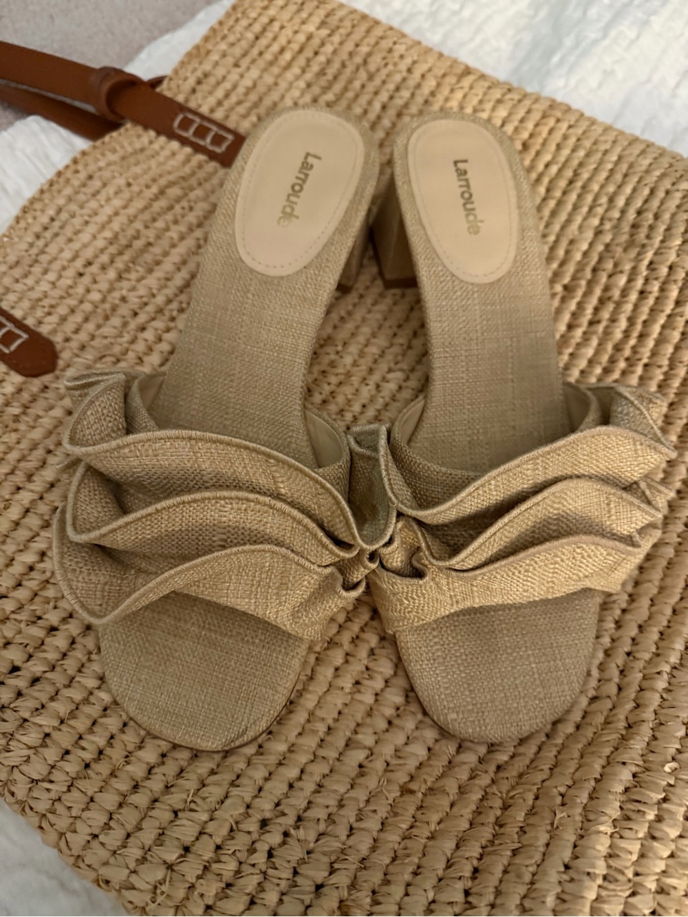 Larroude Beige Ruffle Open-Toe Block Heel Mule - Picture 2 of 6